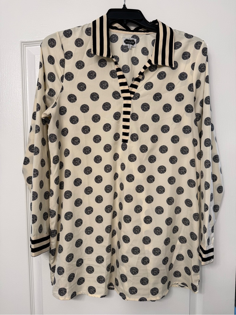 Mud Pie Black Polka Dot Tunic Top Striped Collar Size L 12–14